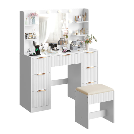 White Vanity Desk With Mirror And Lights, Modern Makeup Vanity Table W-7 Drawers And 4 Storage Shelves, Cushioned Stool, 10 LED Lights, 3 Lighting Modes Whit With Cushioned Stool, 10 LED Lights, 3 Lighting Modes White