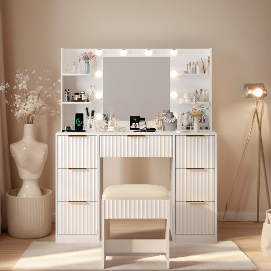 White Vanity Desk With Mirror And Lights, Modern Makeup Vanity Table W-7 Drawers And 4 Storage Shelves, Cushioned Stool, 10 LED Lights, 3 Lighting Modes Whit With Cushioned Stool, 10 LED Lights, 3 Lighting Modes White