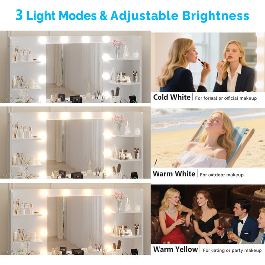 White Vanity Desk With Mirror And Lights, Modern Makeup Vanity Table W-7 Drawers And 4 Storage Shelves, Cushioned Stool, 10 LED Lights, 3 Lighting Modes Whit With Cushioned Stool, 10 LED Lights, 3 Lighting Modes White
