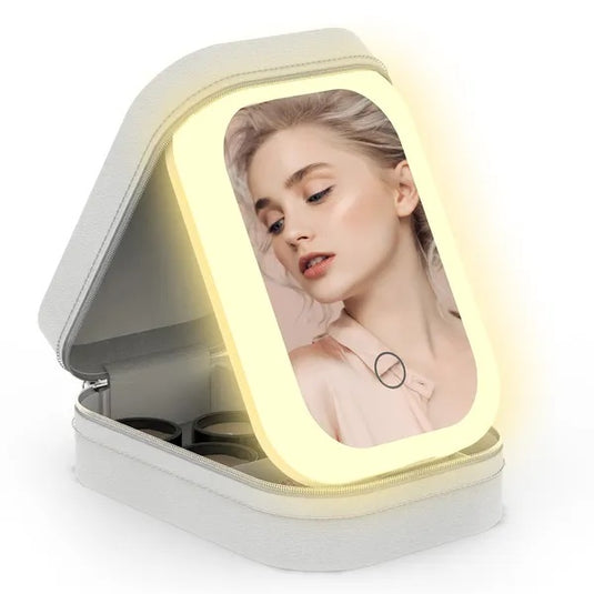 Portable Travel Makeup Bag With LED Mirror Rechargeable Beauty Mirror With 3 Color