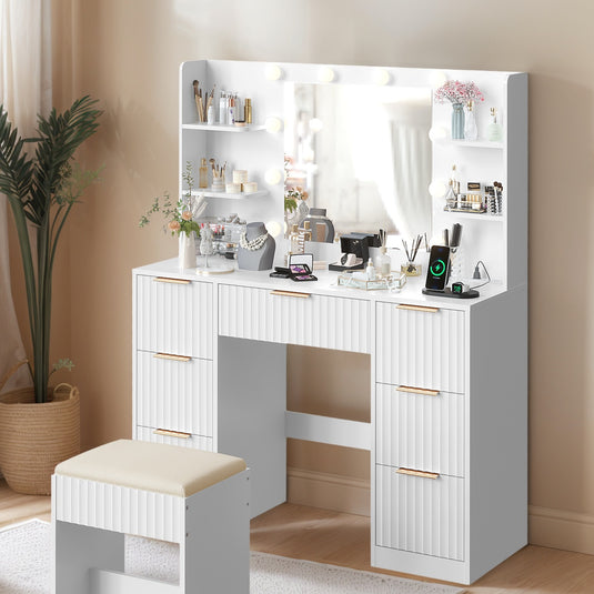 White Vanity Desk With Mirror And Lights, Modern Makeup Vanity Table W-7 Drawers And 4 Storage Shelves, Cushioned Stool, 10 LED Lights, 3 Lighting Modes Whit With Cushioned Stool, 10 LED Lights, 3 Lighting Modes White