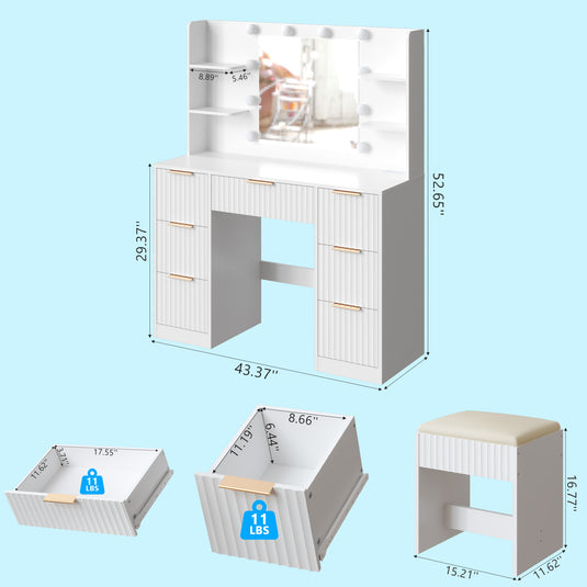 White Vanity Desk With Mirror And Lights, Modern Makeup Vanity Table W-7 Drawers And 4 Storage Shelves, Cushioned Stool, 10 LED Lights, 3 Lighting Modes Whit With Cushioned Stool, 10 LED Lights, 3 Lighting Modes White