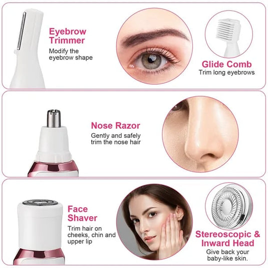 4 In 1 Electric Razor For Women Painless Grooming Kit Rechargeable Eyebrow Nose Hair Pubic Hair Bikini Trimmer Face Shaver